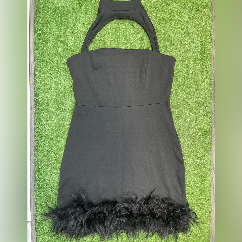 Elegant Black Halter Dress with Feather Trim